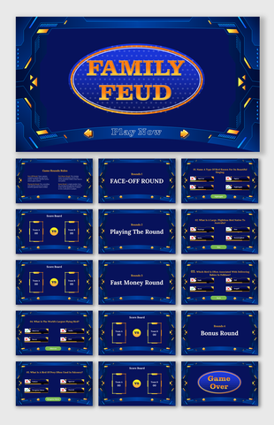 Family Feud slide deck with game rules, question and answer slides, team scoreboards, and a Game Over screen in a blue theme.