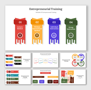 Entrepreneurial training slides featuring different colorful layout designs with icons.