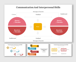 Communication and interpersonal Skills slides featuring a colorful diagrams with various layout designs and icons.