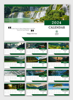 2024 calendar template featuring monthly scenic images with a green and white design theme.