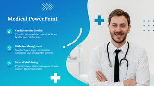 Medical slide highlighting cardiovascular health, diabetes management, and mental well being with a smiling doctor.