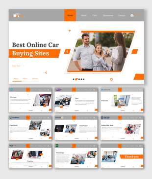 Best online car buying sites slides with sections for Carvana, CarsDirect, AutoTrader, TrueCar, and Kelley Blue Book.