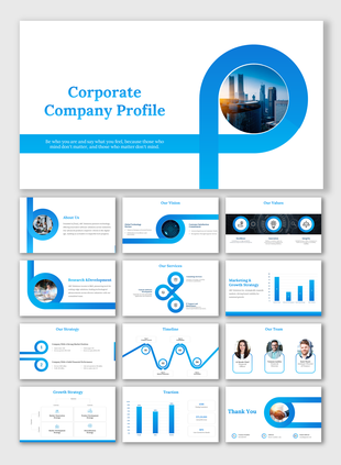 Corporate company profile template with a blue and white theme, featuring slides on vision, strategy, services, and team.