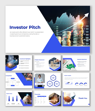 Investor pitch slide deck with blue and white themes, featuring financial graphics, charts, and structured business sections.