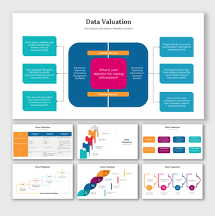 Slide deck showing data valuation methods, using colorful arrows, text boxes, and icons in a clean and modern layout.