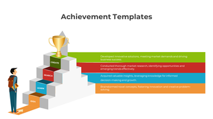 A person climbs multicolored steps with labels, leading to a golden trophy at the top of the staircase, with text areas.