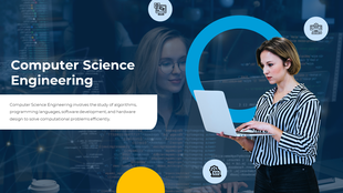 Slide highlighting computer science with a woman using a laptop, on a blue background of coding and technology visuals.