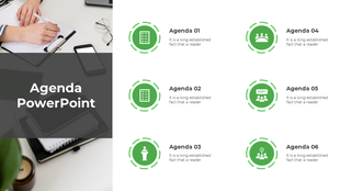 Slide with six green circular icons, each paired with a heading and description, next to a desk image with a dark overlay.