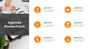 Business agenda slide featuring a workspace image on the left and six structured agenda points with icons on the right.