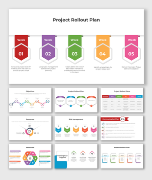 Project rollout infographic showing week-by-week tasks in hexagonal markers, progressing from planning to final delivery.