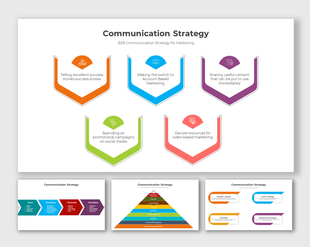 Slides showcasing communication strategies, with colorful arrows and icons for social media campaigns, and content sharing.