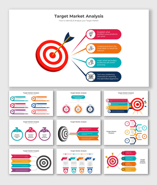Slide deck with coloful infographics and diagrams explaining target market analysis, segments, and customer base analysis.
