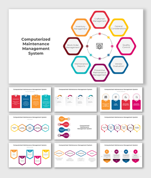Slide deck of hexagonal infographic of a maintenance management system, with icons and colored placeholders.