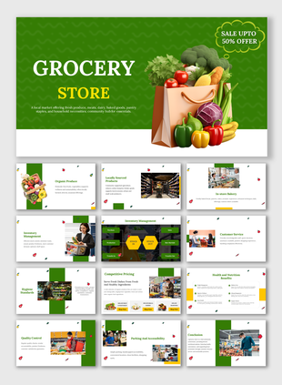 Grocery store slides featuring fresh visuals, inventory management charts, and sections on pricing, quality, and services.