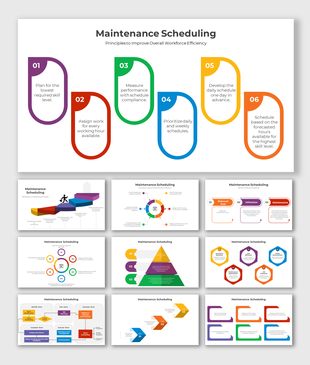Maintenance scheduling with timeline, hexagonal elements, and multi-colored arrows focusing on work assignment and planning.