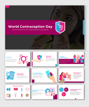 World contraception day slide deck discussing types, history, and global access, with blue and maroon color theme.