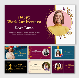 Celebration slide set for work anniversaries with employee photos, name highlights, decorative frames, and messages.