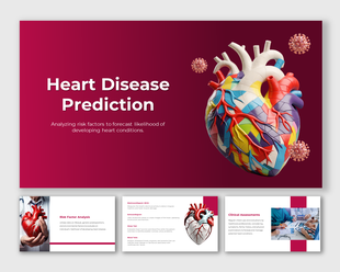 Red themed slide deck with abstract heart design, focusing on risk factors and various medical evaluation techniques.