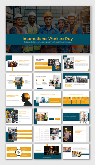 International workers day slides with images, discussing topics like labor rights, globalization, and workplace equality.