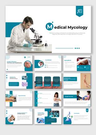 Alt: Medical Mycology cover slide with teal-white layout showing scientist using a microscope and lab sample imagery.