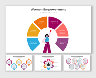 Slide deck on women empowerment showing domestic violence and education with colorful visuals.