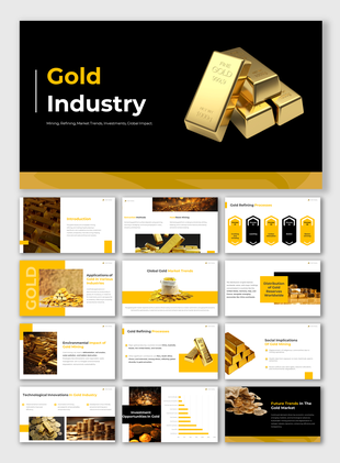 Slide deck with a focus on gold mining, refining, and trends, highlighted with yellow and black elements.