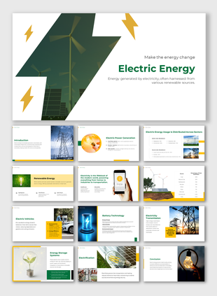 Slide deck for electric energy, highlighting topics like renewable sources, electric vehicles, technology, and transmission.