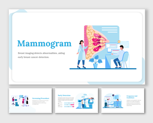 Slide deck with blue colors, featuring illustrations of doctors and breast imaging procedures for early cancer detection.