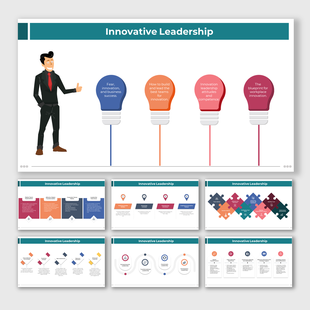 Slide deck with design elements, including colorful lightbulbs and icons, focusing on innovation and leadership attitudes.