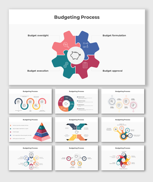 Budgeting process PowerPoint slides with stages in different colorful layout designs and icons with descriptions.