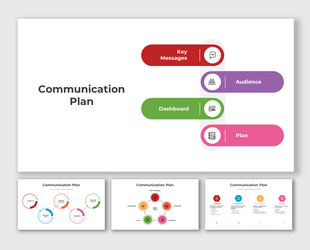 Communication plan PowerPoint slides with components in different colorful layout designs and icons with descriptions.