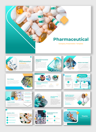 Alt: Pharmaceutical Company cover slide with teal-white layout showing pills and capsule imagery, title text, and clean geometric accents.