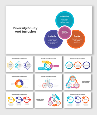 Slides featuring Venn diagrams and flowcharts in blue, purple, and orange, explaining diversity, equity, and inclusion.