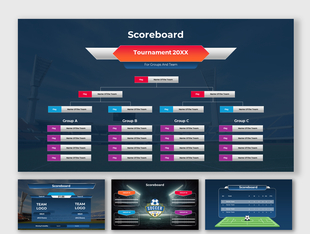 Slide deck featuring tournament scoreboard with dark blue background, showing team matchups, flags, and group stages.