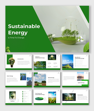 Sustainable energy slide deck showcasing types, benefits, and challenges of renewable energy with green visuals.