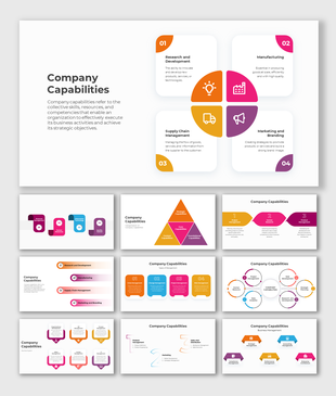 Company capabilities PowerPoint slides with different colorful layout designs with icons and text descriptions.