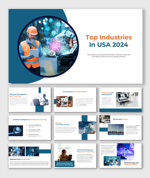 Top industries with modern layouts showing key growth areas like robotics, machine learning, and telemedicine.