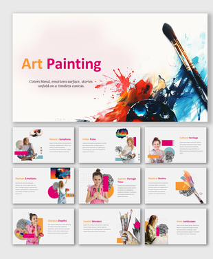 Slide deck showing art painting, with vibrant imagery and various themes like nature, urban landscapes, and human emotions.