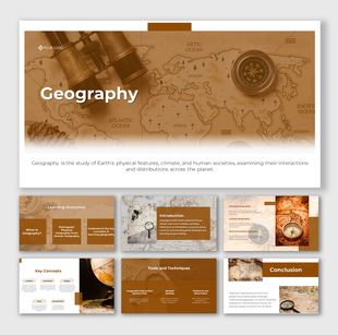 Geography presentation template featuring maps, compasses, and learning outcomes for an educational slide deck.