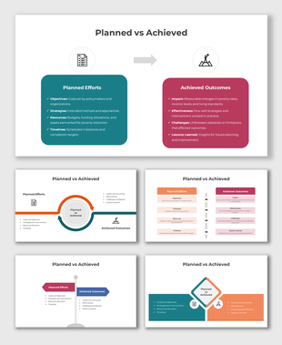 Slide deck comparing planned efforts and achieved outcomes using side by side layouts with color coded sections.