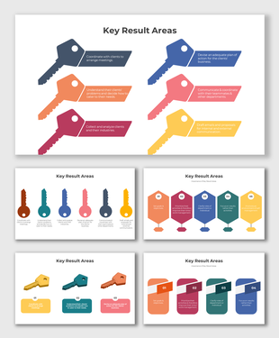 Series of slides featuring key shaped icons in vibrant colors, each with text highlighting different business tasks.