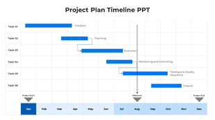 Horizontal Gantt chart with tasks and phases in red bars, spanning from January to December, marked by milestones.