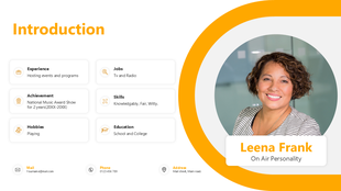 Professional introduction slide with a profile photo on the right, orange curved design elements, and white cards.