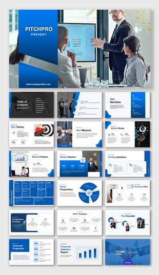 Business pitch slide deck with blue and white theme, featuring sections on vision, mission, market study, and SWOT analysis.