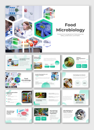 Food Microbiology slide deck with lab images, green accents, and visuals of scientists, produce, and testing equipment.