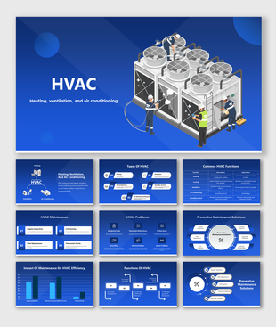 HVAC slide deck with a blue theme, featuring isometric illustrations of maintenance workers servicing large cooling units.