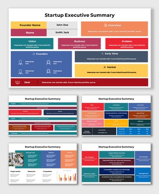Slide deck featuring structured sections with vibrant colored blocks, displaying startup executive summary elements.