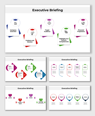 Executive Briefing PPT slides with different colorful layout designs and icons with text descriptions on a white theme.