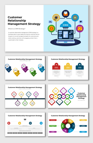 CRM strategy slides with icons, flow arrows, and placeholders for customer acquisition, retention, and engagement steps.