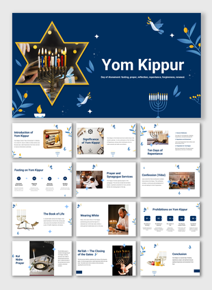 Yom Kippur slides with menorah, candles, doves, blue theme, and text on fasting and prayer.